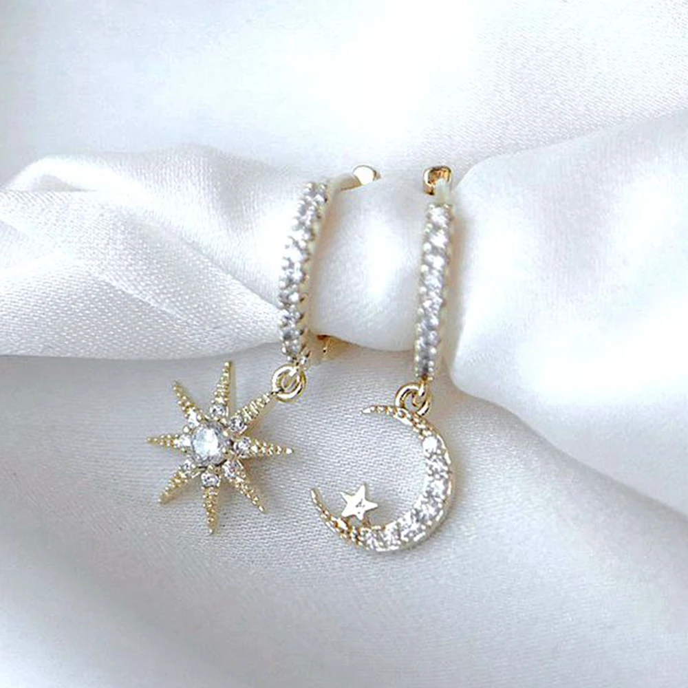 925 Sterling Silver Needle New Star/Moon Small Hoop Earrings for Women Exquisite Crystal Pendant Earrings Fashion Jewelry Gift