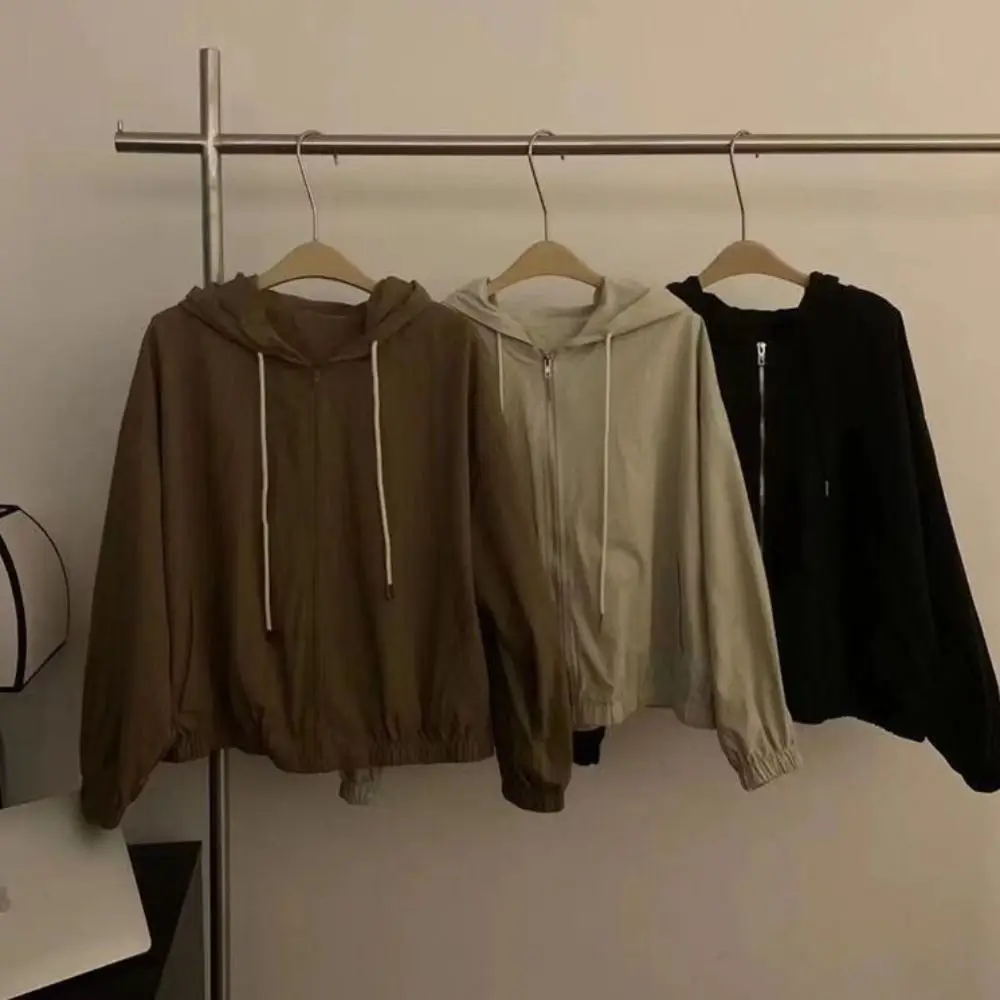 Drawstring Long Sleeved Hooded Sunscrean Loose Thin Hooded Cardigan Clothing Korean Ins Autumn Zipper Coat Top Spring Autumn
