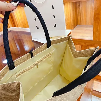 حقيبة حمل على الشاطئ من الكتان الكاكي الأنيق مع كتب القهوة مطبوعة وخفيفة الوزن وحقيبة يد عصرية وحقيبة تسوق للنساء للاستخدام اليومي والسفر 5