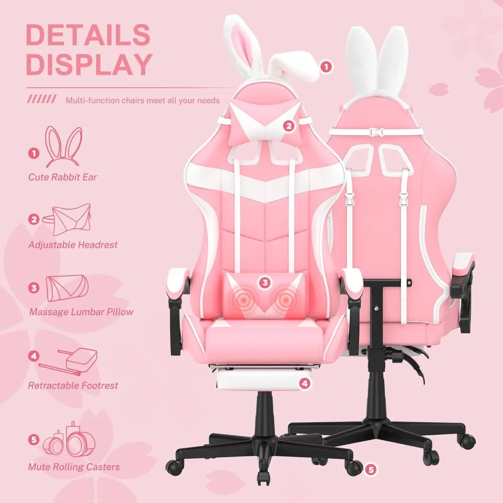 Pink Gaming Chair with Footrest, Bunny Ears, Ergonomic Design, Adjustable for Girls Women