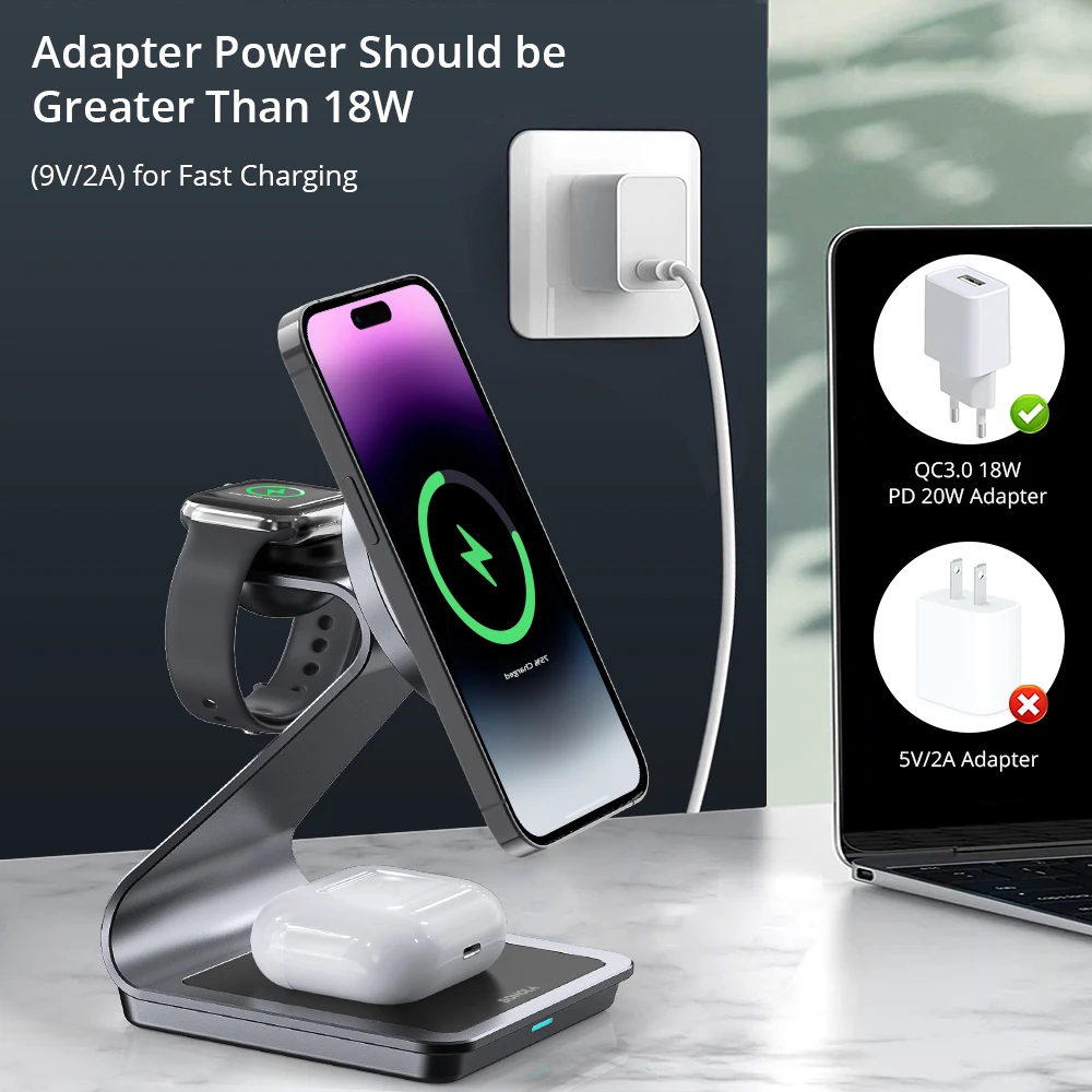 Bonola Metal 3 in 1 Magnetic Charger Stand for iPhone 15 Pro Max/14/13/Apple Watch Magnetic Wireless Charger Station for AirPods