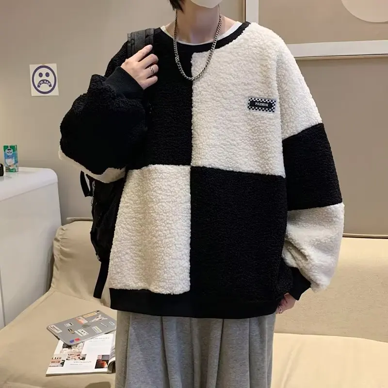 Sudadera Harajuku de retales para hombre, de manga larga con cuello redondo de pelo moda coreana, ropa para pareja _ - AliExpress Mobile