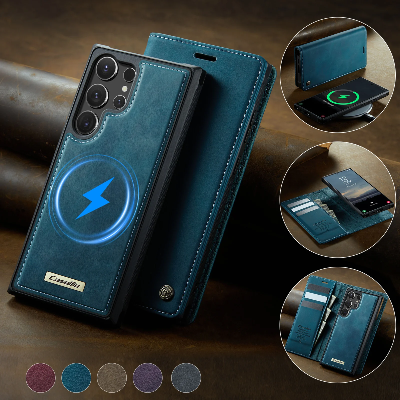 Wireless Charging Leather Wallet Phone Case with Magnetic Flip Cover