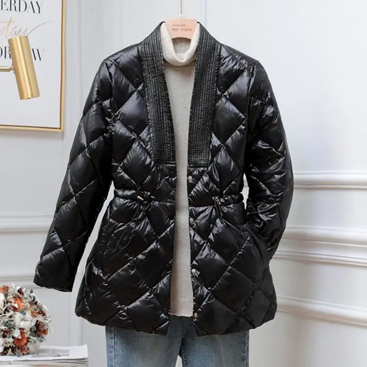 2023 New Autumn Winter Rhomb Cotton-padded Jacket Women Medium Long Large V-neck Waist Slimming Women Coat Small
