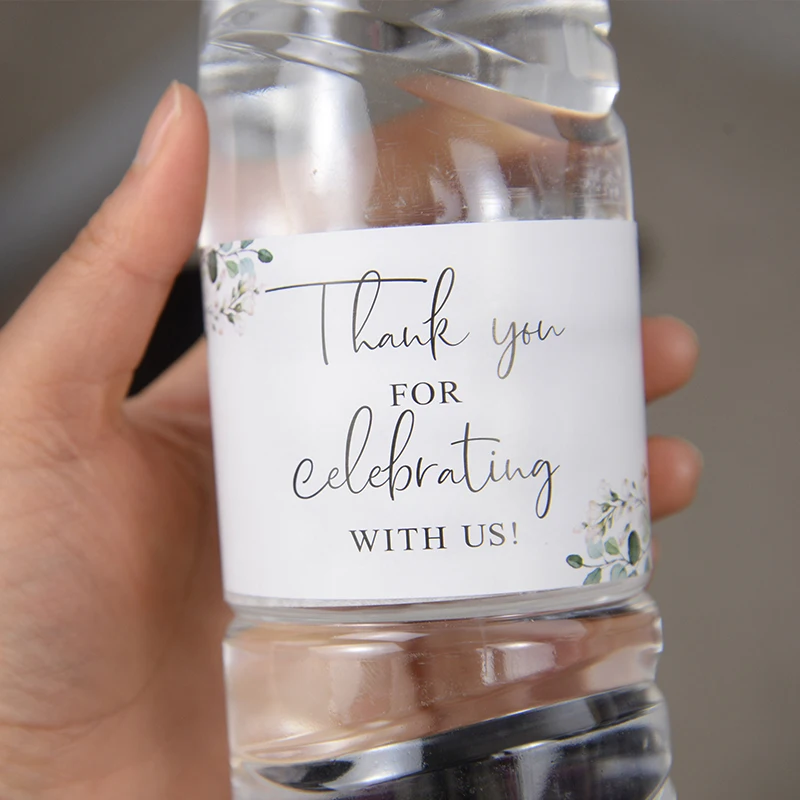Elegant Eucalyptus Flower Celebration Water Bottle Labels - 30 Pack