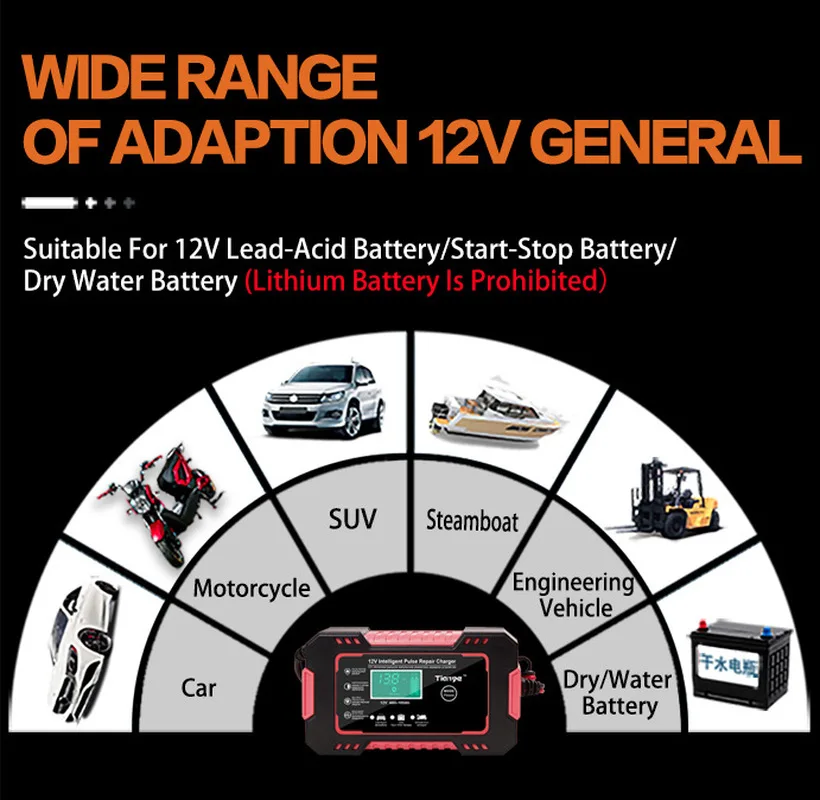 Smart LCD Display Car & Motorcycle Battery Charger with Pulse Repair - 12V 6A Lead-Acid, AGM, Deep Cycle & GEL Fast Charging