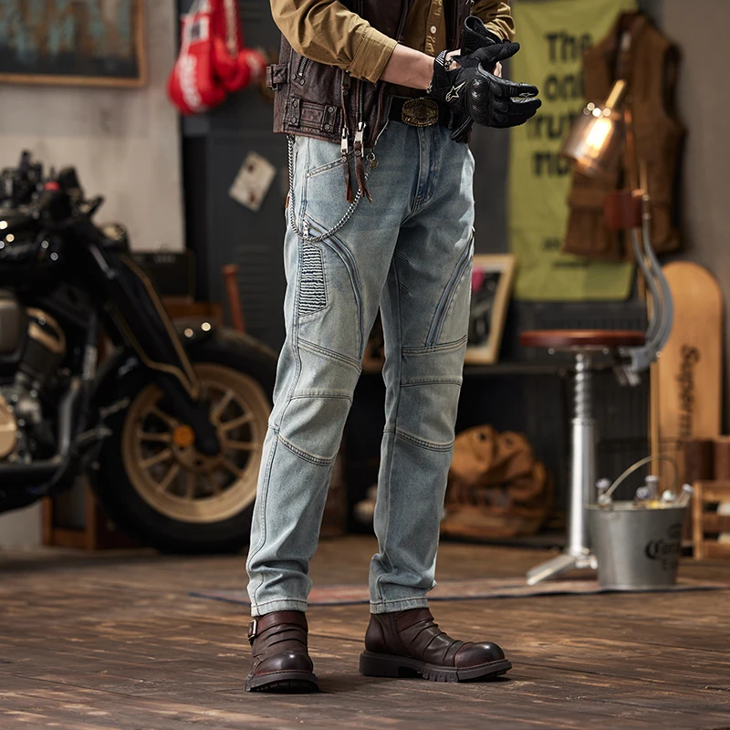 Retro Jeans Men's Motorcycle High-End Fashion Slim-Fitting Cool Craft Stitching Motorcycle Distressed Skinny Trousers