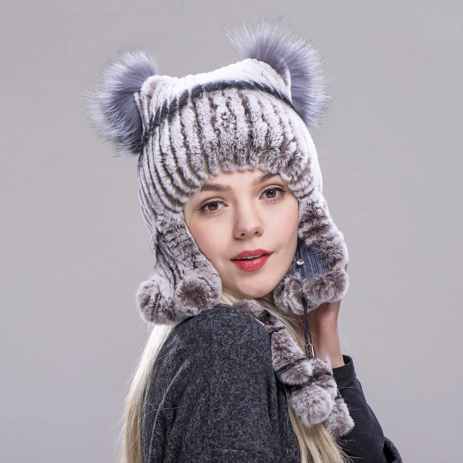 

Top High Hats quality new Fox Women Russian Warm Bomber with Silver Ear Fur Protect for Genuine Winter Rex Rabbit