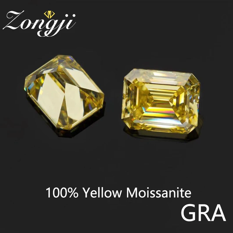 

ZONGJI Emerald Cut Lemon Yellow Moissanite Stone with GRA Waist Code Diamond Gemstone VVS Excellent for Custom Jewelry Making