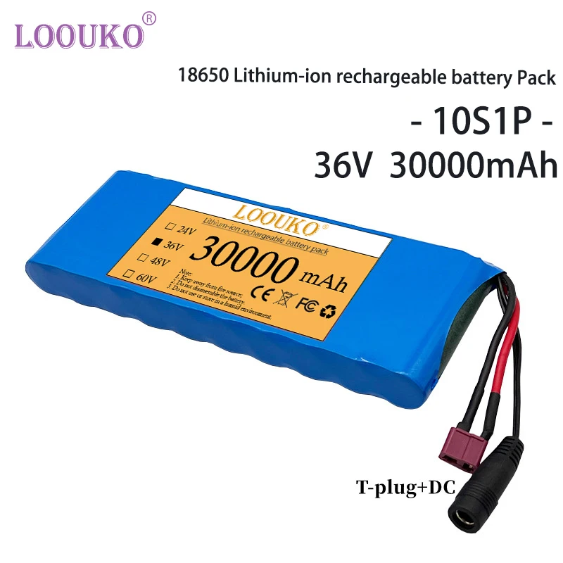 

LOOUKO 30Ah 18650 Lithium Ion Rechargeable Battery Pack 36V 30000mAh Electric Bike Scooter 20A with BMS Protection Plate