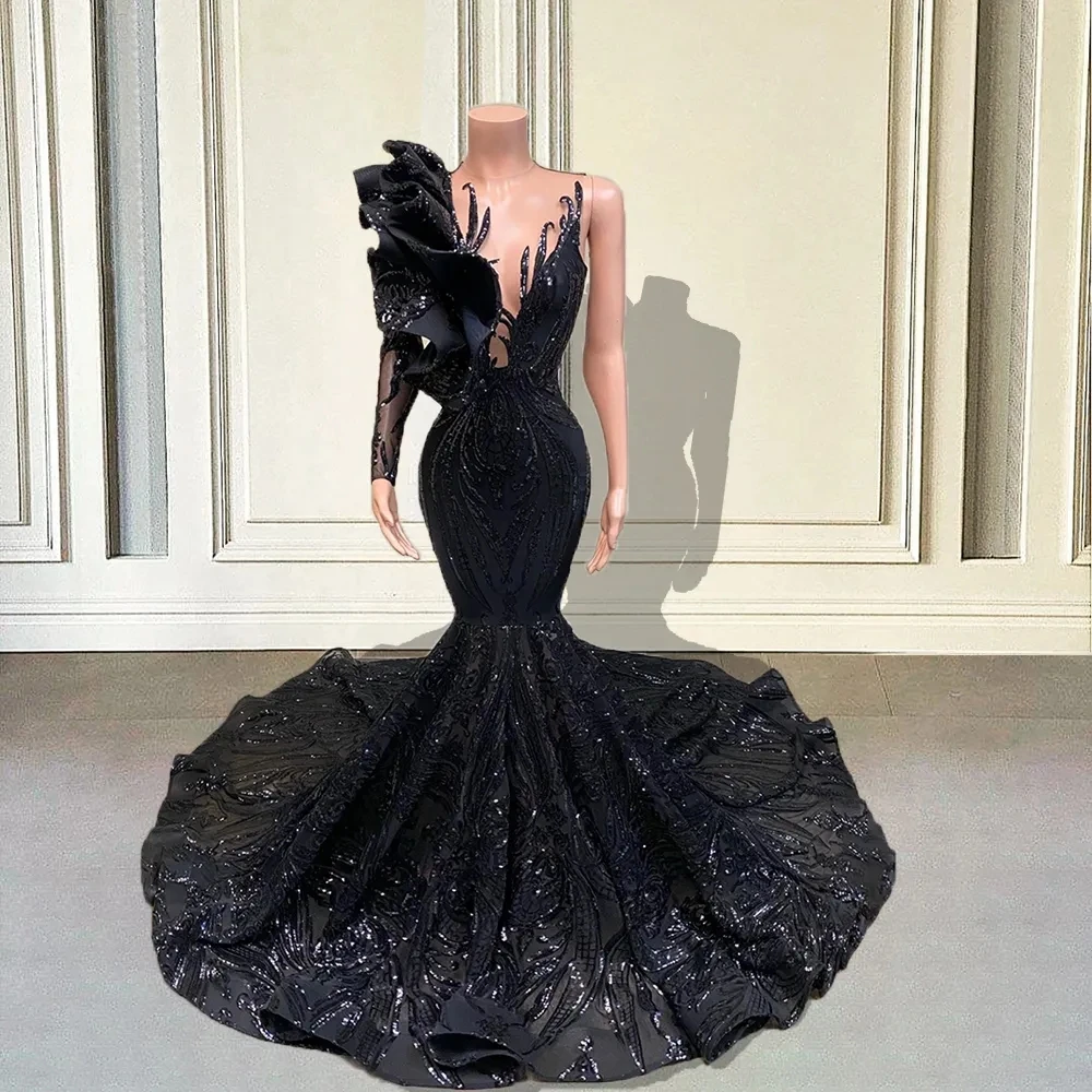 

Dlassdream Black Sequin Long Mermaid Prom Dresses for Girl Ruffles Single Full Sleeve Formal Wedding Party Gala Gown