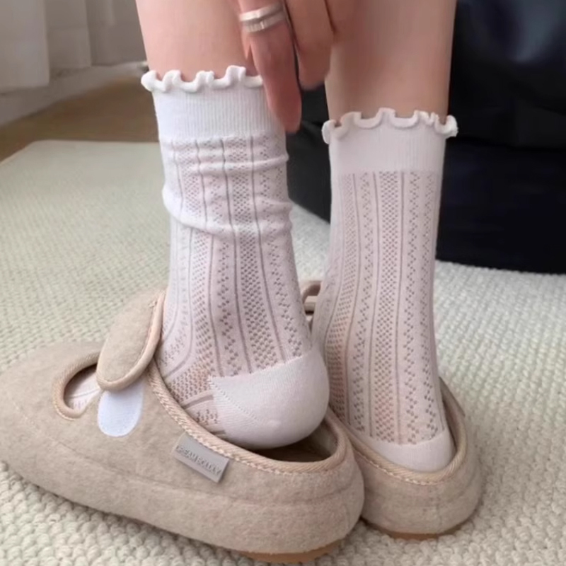 1Pair Women Thin Hollow Out Long Loose Socks JK Lolita Sweet Girls Japanese Solid Color Breathable Cotton Spring Summer Stocking