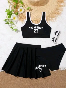 3 Pieces Bikinis With Skirt 2023 Girls Swimsuit Red Kids Swimwear Female Children's Bathers Bathing Swimming Swim Suit Beachwear – תמונה 3