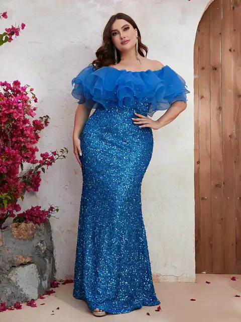 Plus Size Women Party Dresses New Fashion Strapless Mesh Splicing Elegant Sequin Wedding Dresses Large Size Female Evening Dress Excellent product recommendation