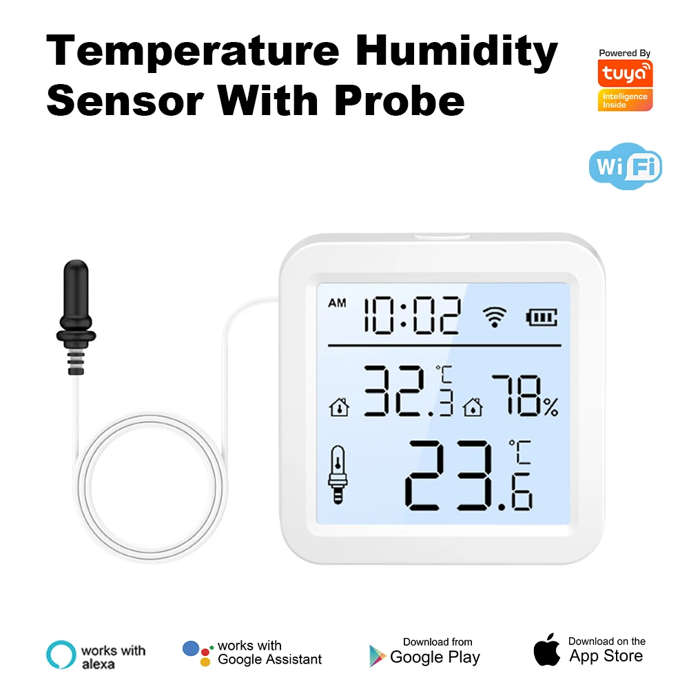 Smart WiFi Temperature & Humidity Sensor with External Probe and Optional Display