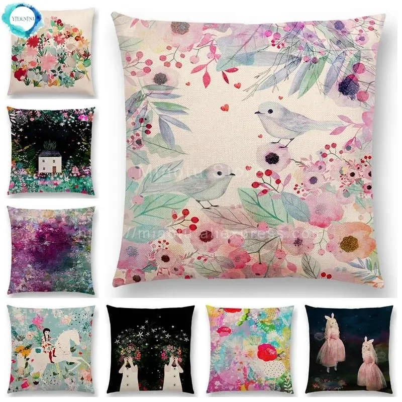

Newest Little Girl Cushion Cover Floral Pattern Dreamy Garden Fantasy Night Sofa Pillow Case For Girls