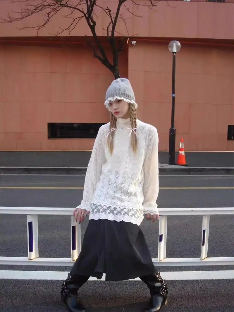 Long Sleeve Bottom Shirt Lace Solid Color Casual Simple Long Sleeve T-Shirt