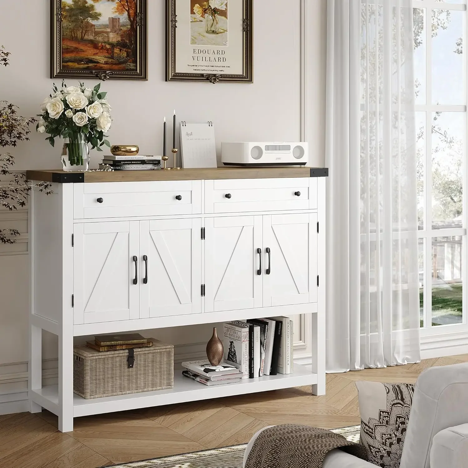 Buffet Sideboard Cabinet with Storage, 47.2" Modern Farmhouse Coffee Bar with 2 Drawers, Barn Doors Console Table with Shelf 3