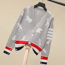 

TB college style cute cartoon puppy animal jacquard pattern loose V-neck knitted cardigan sweater short coat autumn