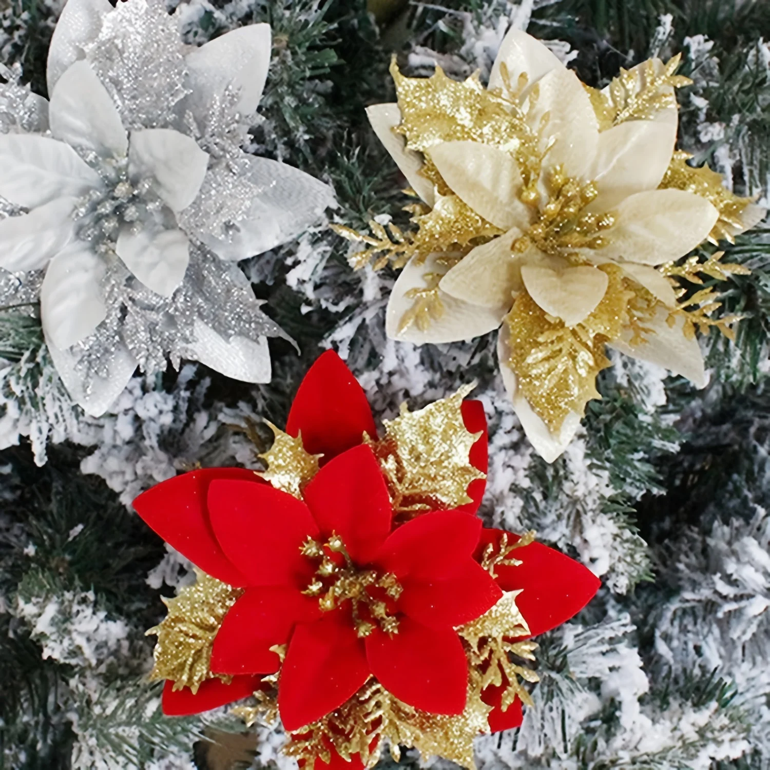 Artificial Red Poinsettia Flower Picks for Christmas Tree Wreaths