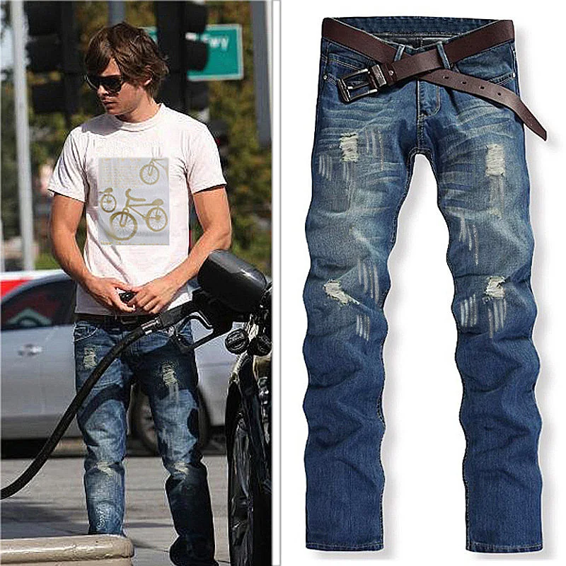 

FUAMOS New Personalized Fashion Ripped Hole Nostalgic Korean Jeans Men's Street Trendy European American Cotton Blue Denim Pants