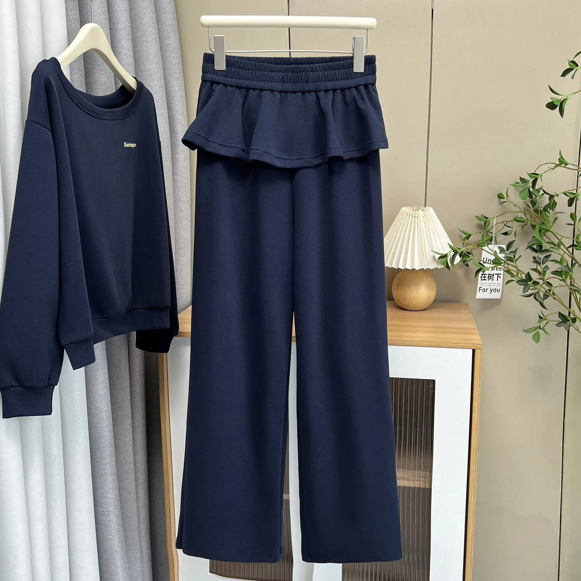 XXXXL Fashion Plus Size Women's Sets 2025 Autumn New Style Navy Blue Hoodie And Trousers Two Pieces Set