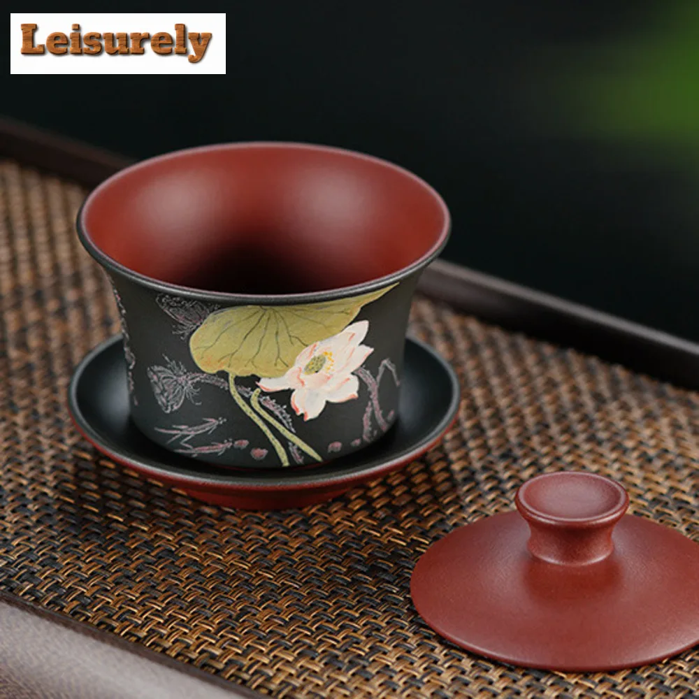 200ml Yixing Purple Clay Gaiwan Famous Mud-painted Lotus Tea Tureen Beauty Tea Infuser Cover Bowl Chinese Handmade Zisha Set