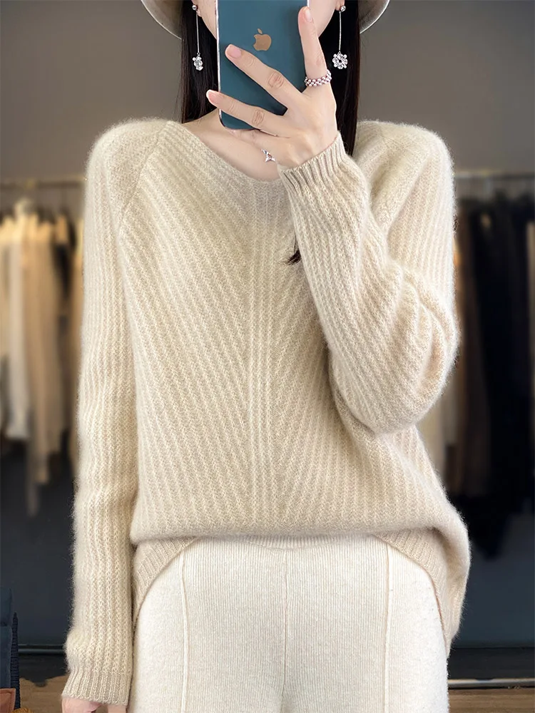 

Women Sweater 100% Australia Wool Long Sleeve Top v-neck Pullover Knitwear Sweater & Jumper Cashmere Soft Simple And Comfortable