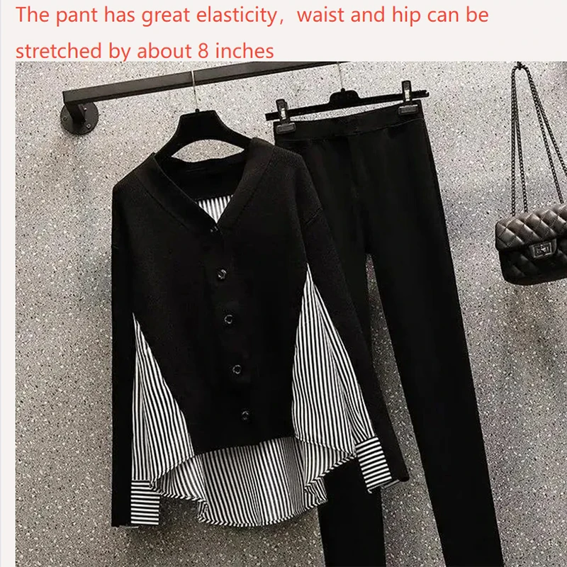Black Long Sleeve Striped Patchwork Top Casual Solid Pencil Pants 2-piece Set Fashion Women New In Clothes Casual Fashion Trend