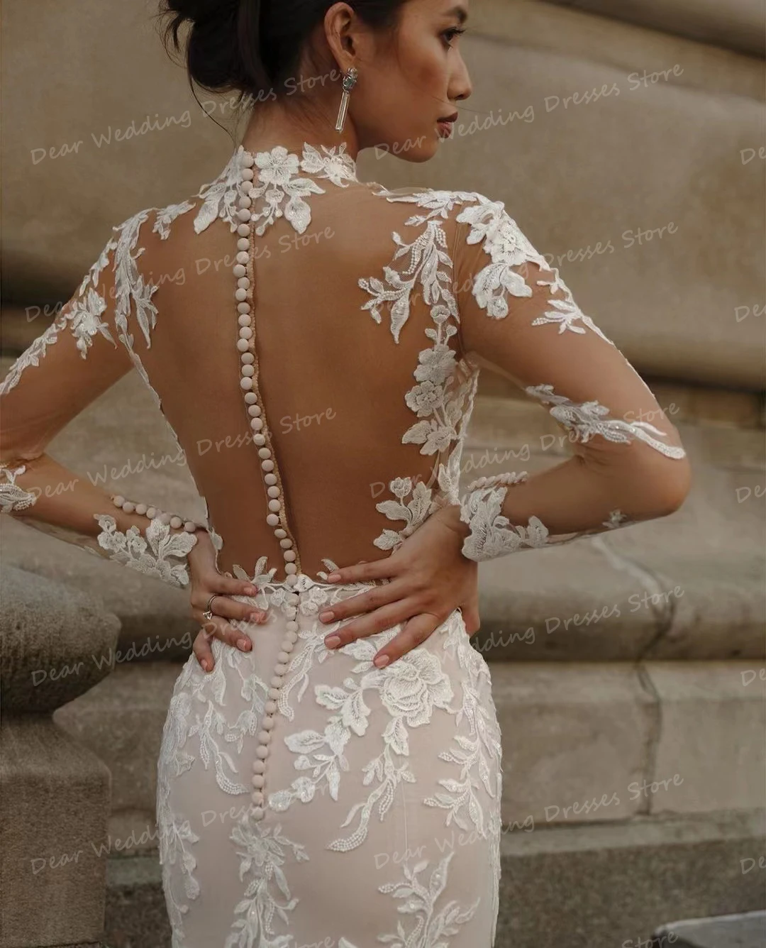 Luxury Mermaid Wedding Dresses Women's Sexy High Neck Appliques Long Sleeve Bridal Gowns Sweep Train Formal Vestidos Customized 3