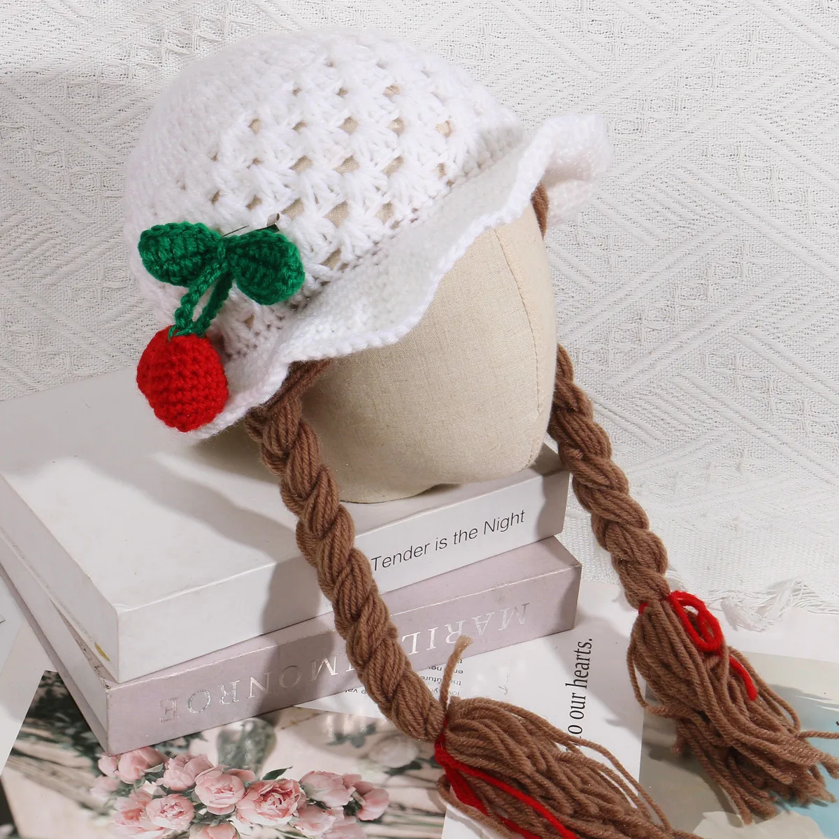 Cute Cherry Baby Girl Bucket Hat Cosplay Hair Braid Wig Cap Winter Warm Crochet Knitted Children Hats and Caps for Kids Girls