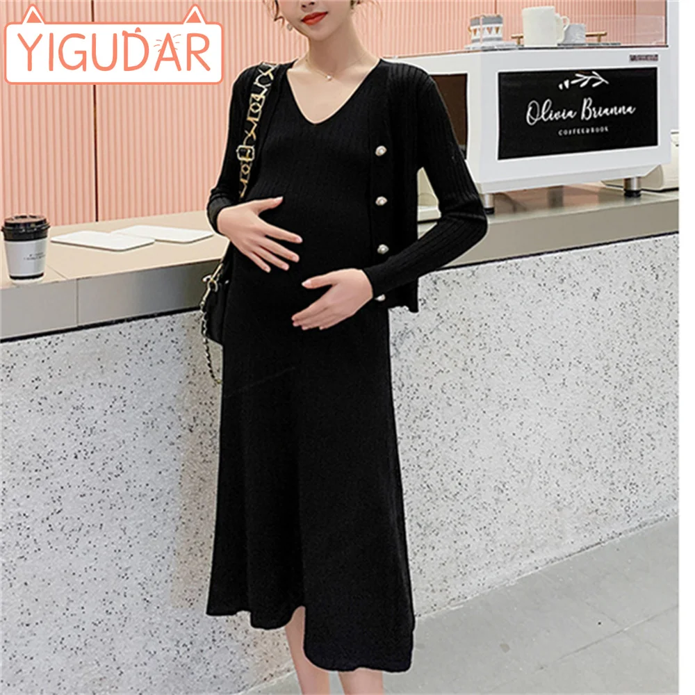 

Pregnant Women's Autumn Winter 2023 Knitted Sweater Coat Fashionable and Elegant Thickened Knitted Dress Over Knee Two Piece Set