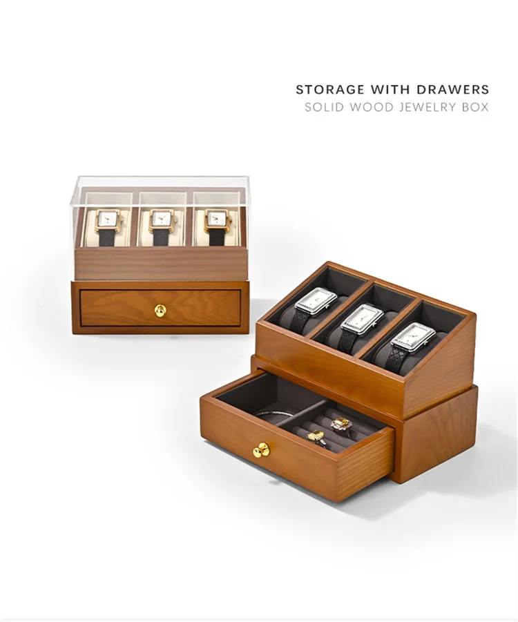WoodTen 3 Grids Wood Watch Box Double-layer Watch Jewelry Organizer Wrist Watch Storage Box Dust-proof Cover Jewelry Watches Box