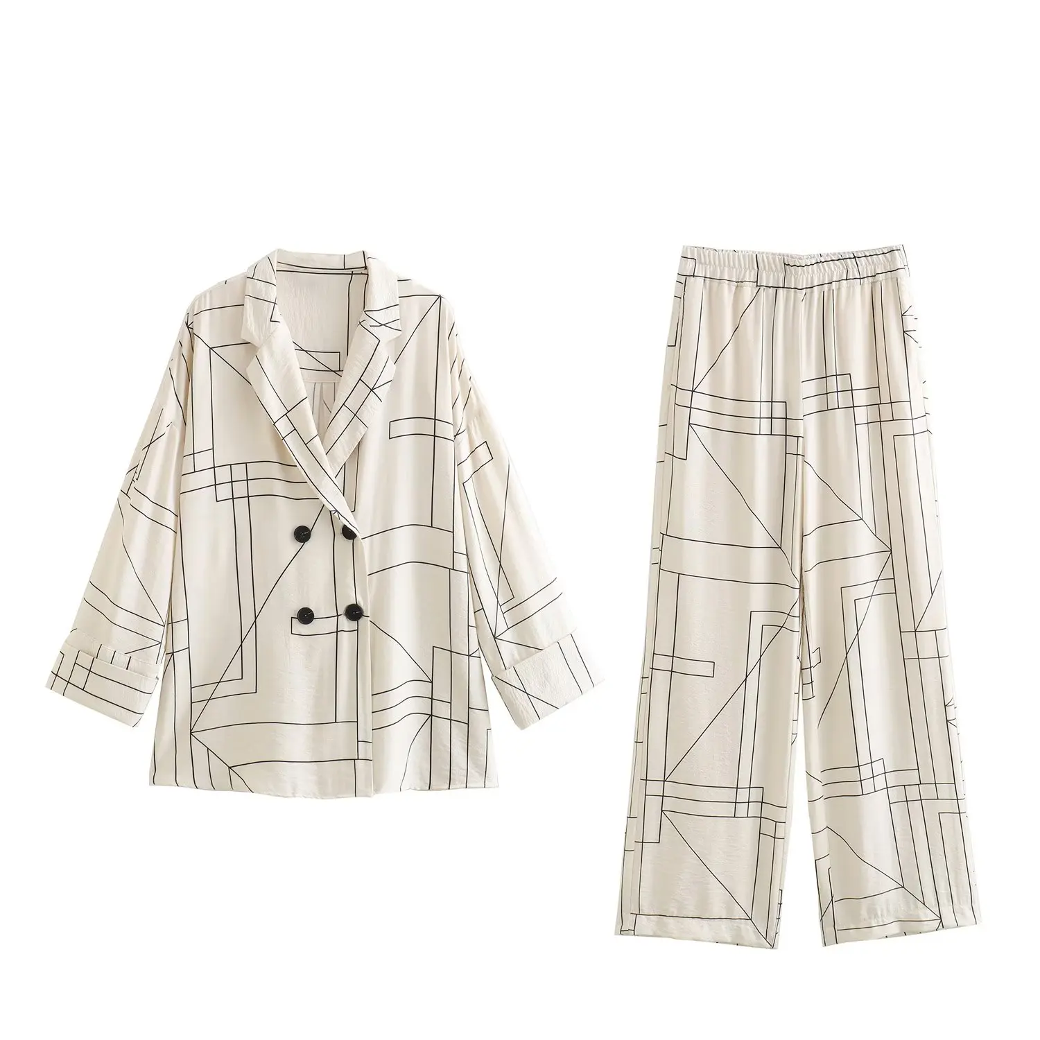 

Женский комплект из блейзера и прямых брюк с геометрическим принтом