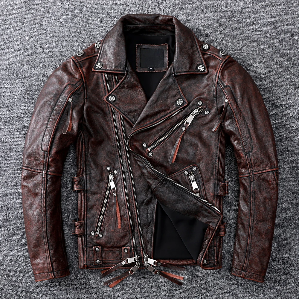 Men Leather Jacket Motorcycle Leather Jacket Natural Genuine Cowhide Slim Fit Vintage Mens Biker Racer Jackets Oblique Zipper