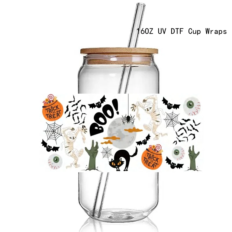 Halloween UV DTF Stickers - 16 Sheets Pink Bows Ghost Uvdtf Cup Wraps For 16 20 Oz Glass Mugs, Cute Gnome Pumpkin Drink Transfer Sticker Decals DIY Water Bottle Creative Decorative