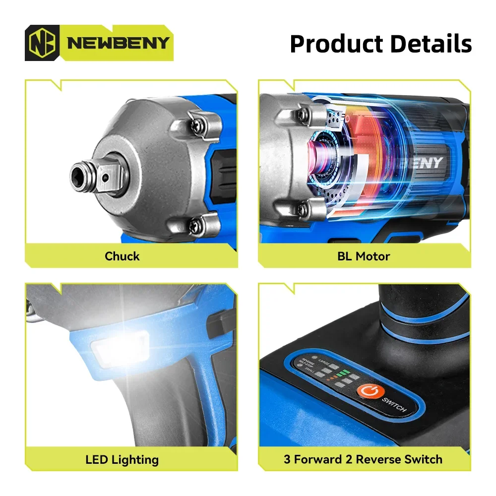 NEWBENY 1000N.m 1/2 inch Brushless Electric Wrench 3Gear Cordless Handheld Impact Wrench Driver Power Tool For Makita 18VBattery 4