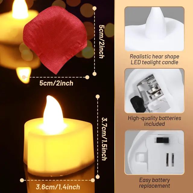 Bougies chauffe-plat LED en forme de cœur, 24/48 paquets, avec pétales de Rose artificiels, décorations de nuit romantiques pour anniversaire de mariage 3