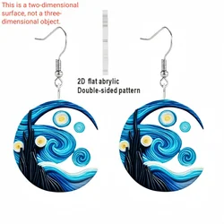 Van Gogh Starry Sky Acrylic Earrings with Moon and Black Cat Design - Unique Ladies' Accessory (Blue)