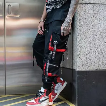 Classic Streetwear Hip Hop Joggers Men Letter Ribbons Cargo Pants Pockets Track Tactical Casual Male Trousers Sweatpant KZ99 4