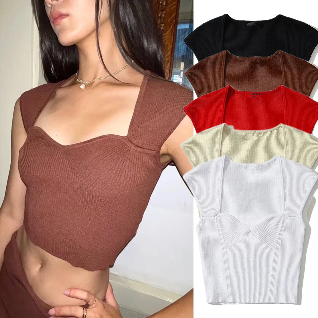 

Jenny&Dave Ins Fashion Blogger Summer Tshirts Women High Street French Vintage Square Collar Sexy Short Knitted Tops