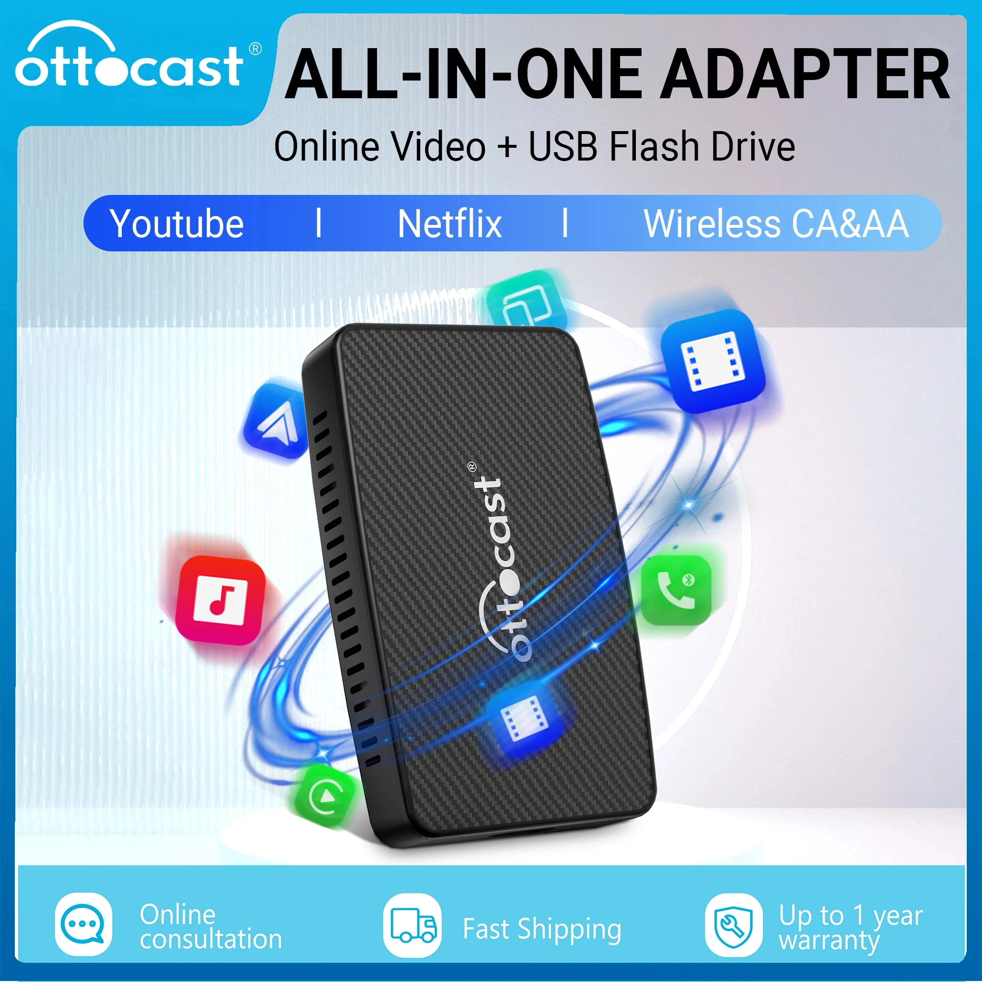 Ottomcast Play2Video Wireless Android Auto Carplay Adattatore Per Youtube Netflix Video Player Tv Box Spotify Accessori Per Auto