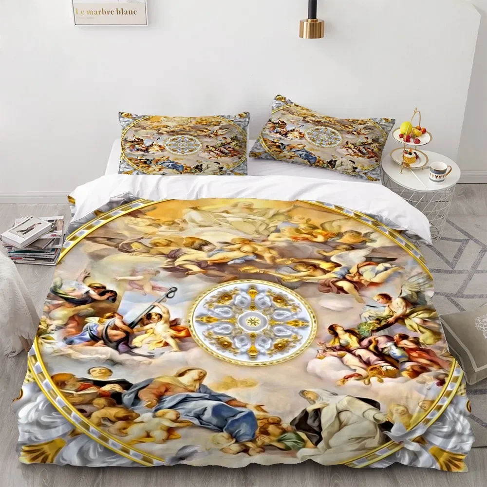 Angel Oil Painting Bedding Set - 2/3 Pieces Cartoon Warm Duvet Cover Kids Bedroom Quilt Cover with Ancient Art Green Theme