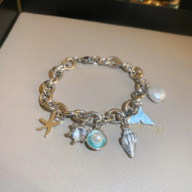 Pulseira feminina com pingente de estrela-do-mar, concha e pérola de imitação, corrente dourada, estilo bracelete, joia para o verão na praia._voghion.com