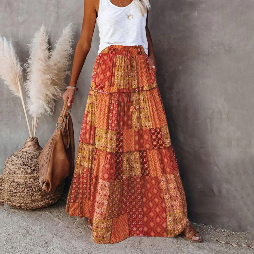 

Women Maxi Skirt Elastic Drawstring High Waist Loose Big Hem A-line Patchwork Pleated Vintage Boho Ethnic Print Vacation Skirt