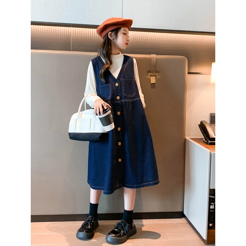 

Girls' Dress 2023 New Spring Denim Soft Elastic A-line Version Dress Korean Style Spring and Autumn Fashion Strap Dress Set