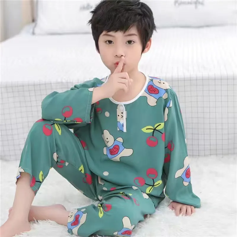 Summer Children's Cotton Silk pajamas Boys And Girls Home Clothes Baby Long-sleeved + Trousers Two-piece Kid's Brethable Suit cute pajama sets	