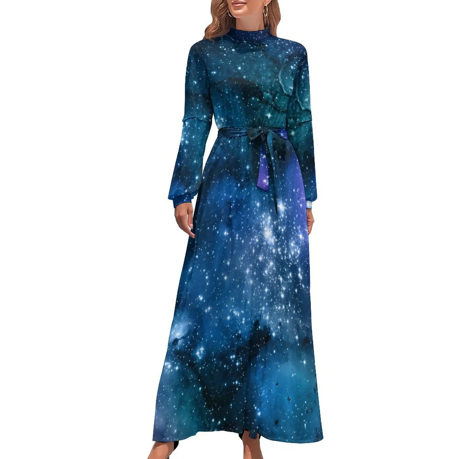 

Starry Space Print Dress Galaxy Lovers Street Fashion Boho Beach Dresses Ladies Long Sleeve High Waist Sexy Long Maxi Dress