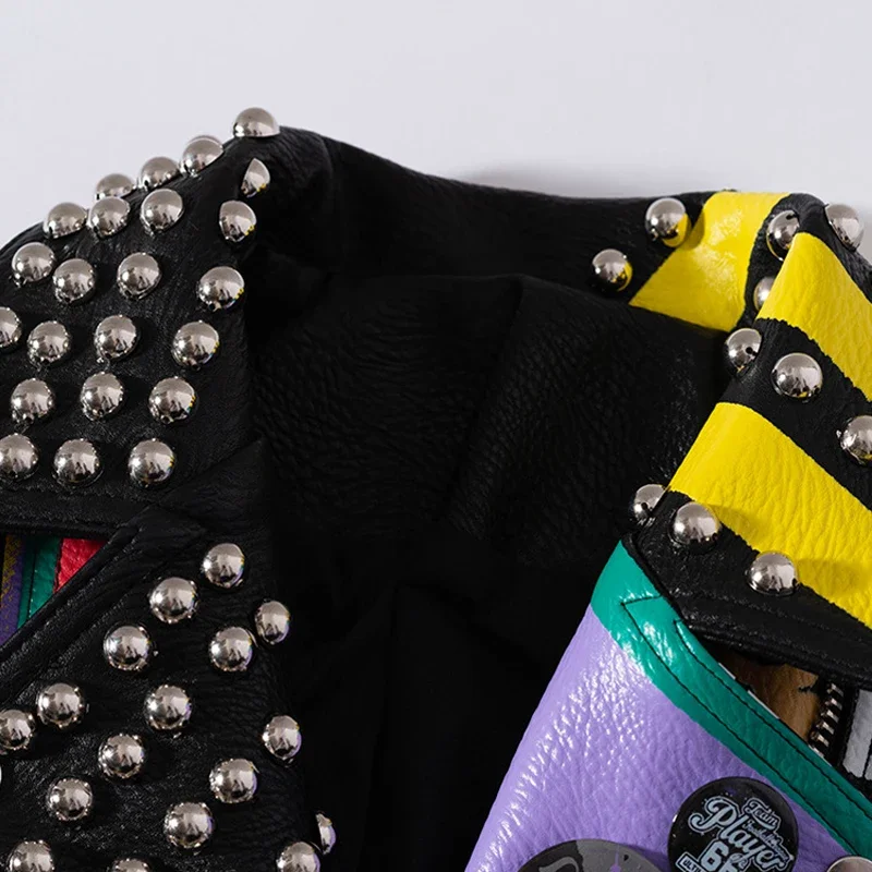 Punk Studded Cropped Motorcycle Jacket for Women 2024 Trend Streetwear Graffiti Print Contrast Faux Leather Jacket S-XXXL