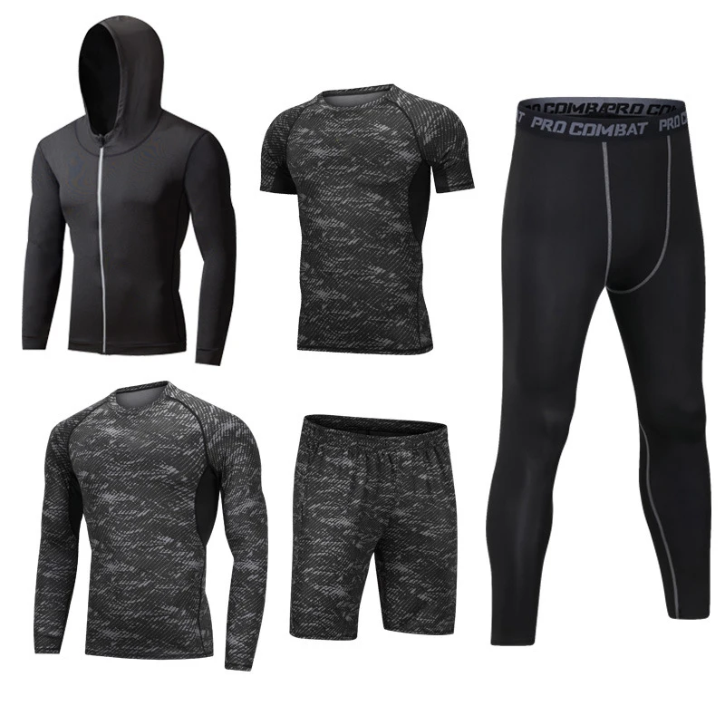 Men's Workout Clothes Athletic Shorts Shirt Set 5 in1 for Basketball Football Exercise Training Running Gym Compression Suits 6